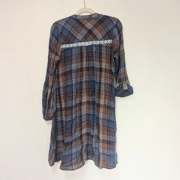 Holding Horses Anthropologie Navy & Orange Plaid Lace Trim High Low Dress XS - Picture 5 of 8